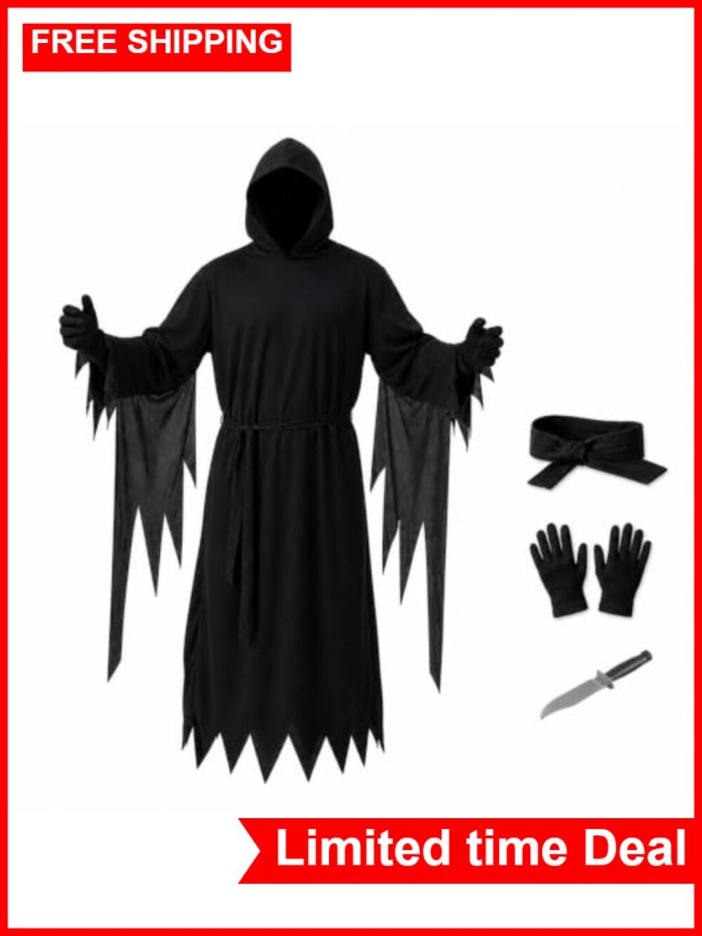 Halloween Scary Ghost Costume 5-Piece Set Hooded Robe Mask Toy Dagger Polyester